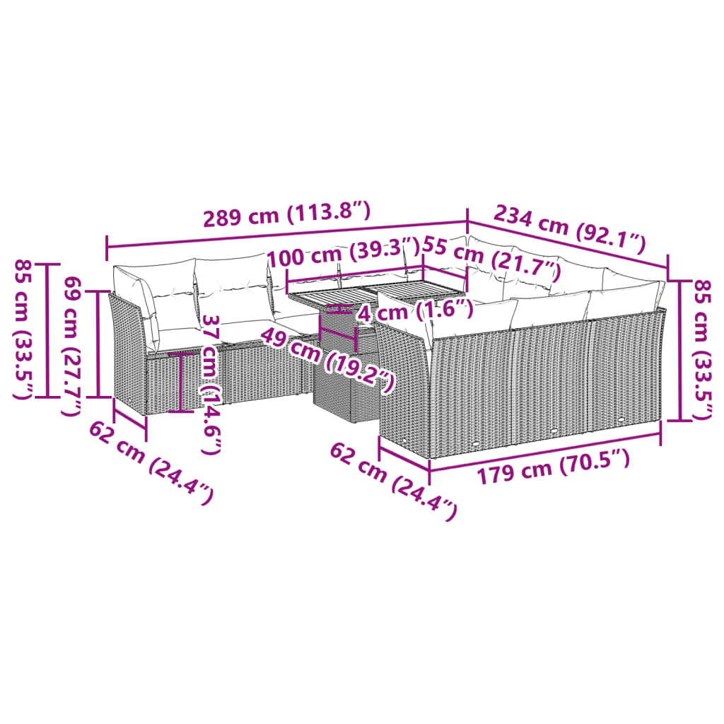 11 pcs conjunto sofás de jardim c/ almofadões vime PE bege - Leva - Me - Contigo