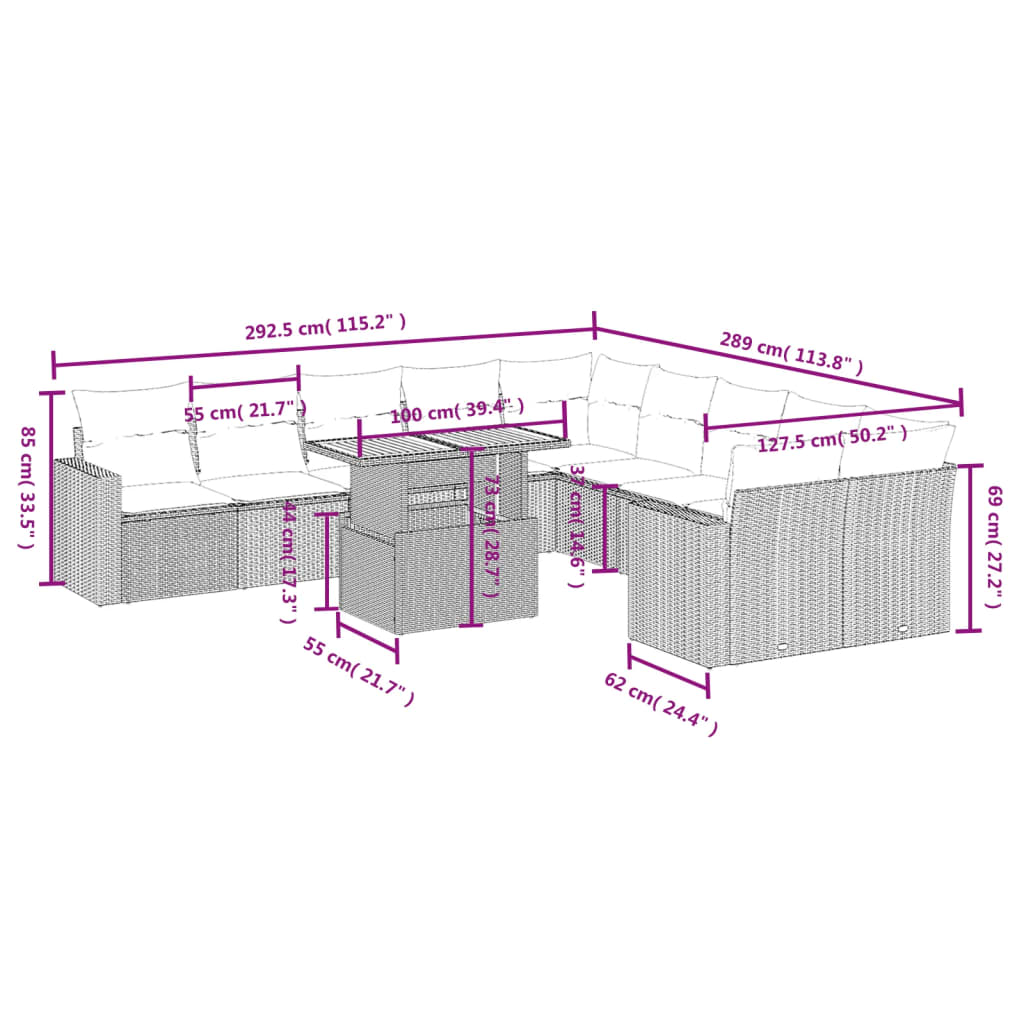 11 pcs conjunto sofás de jardim c/ almofadões vime PE bege - Leva - Me - Contigo