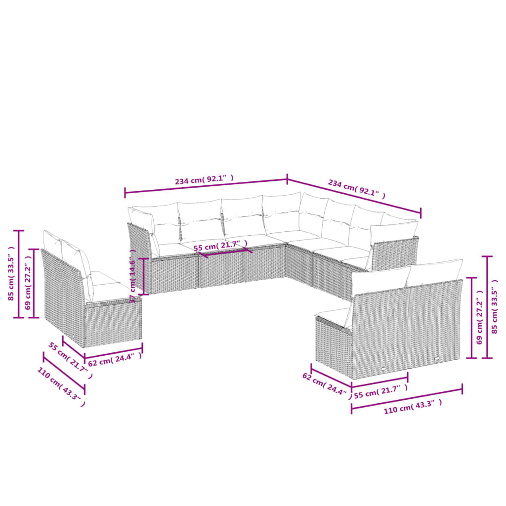 11 pcs conjunto sofás de jardim c/ almofadões vime PE castanho - Leva - Me - Contigo