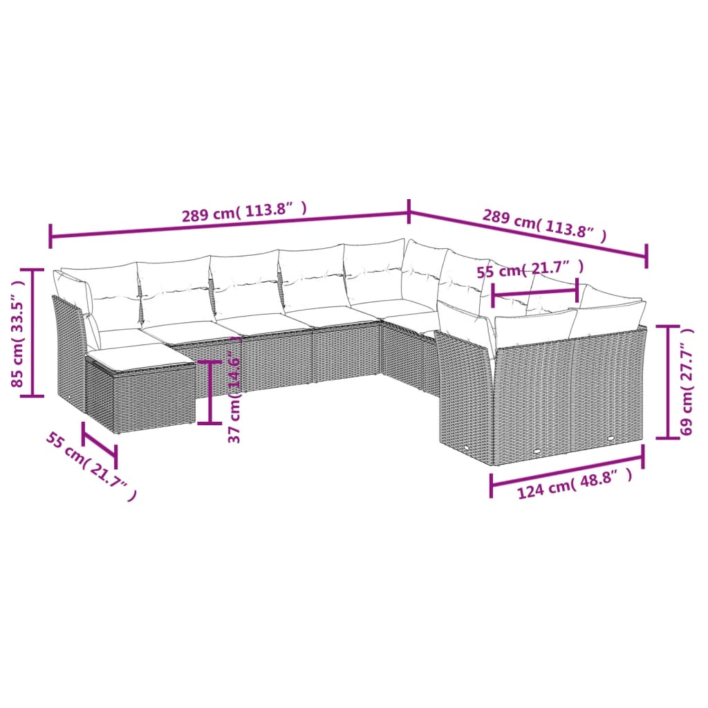 11 pcs conjunto sofás de jardim c/ almofadões vime PE castanho - Leva - Me - Contigo