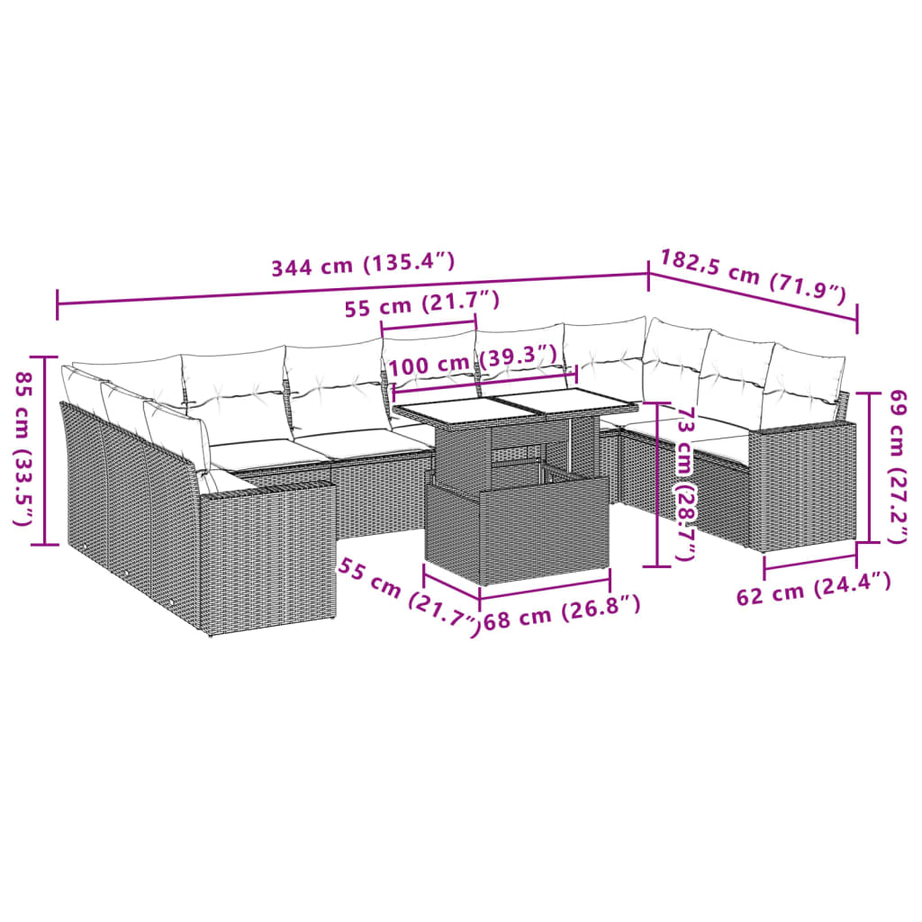 11 pcs conjunto sofás de jardim c/ almofadões vime PE castanho - Leva - Me - Contigo