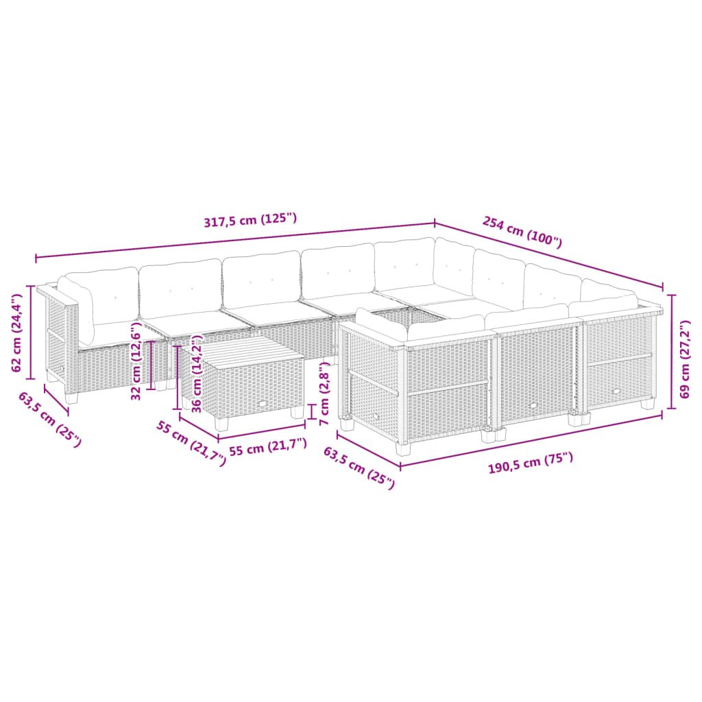 11 pcs conjunto sofás de jardim c/ almofadões vime PE cinzento - Leva - Me - Contigo