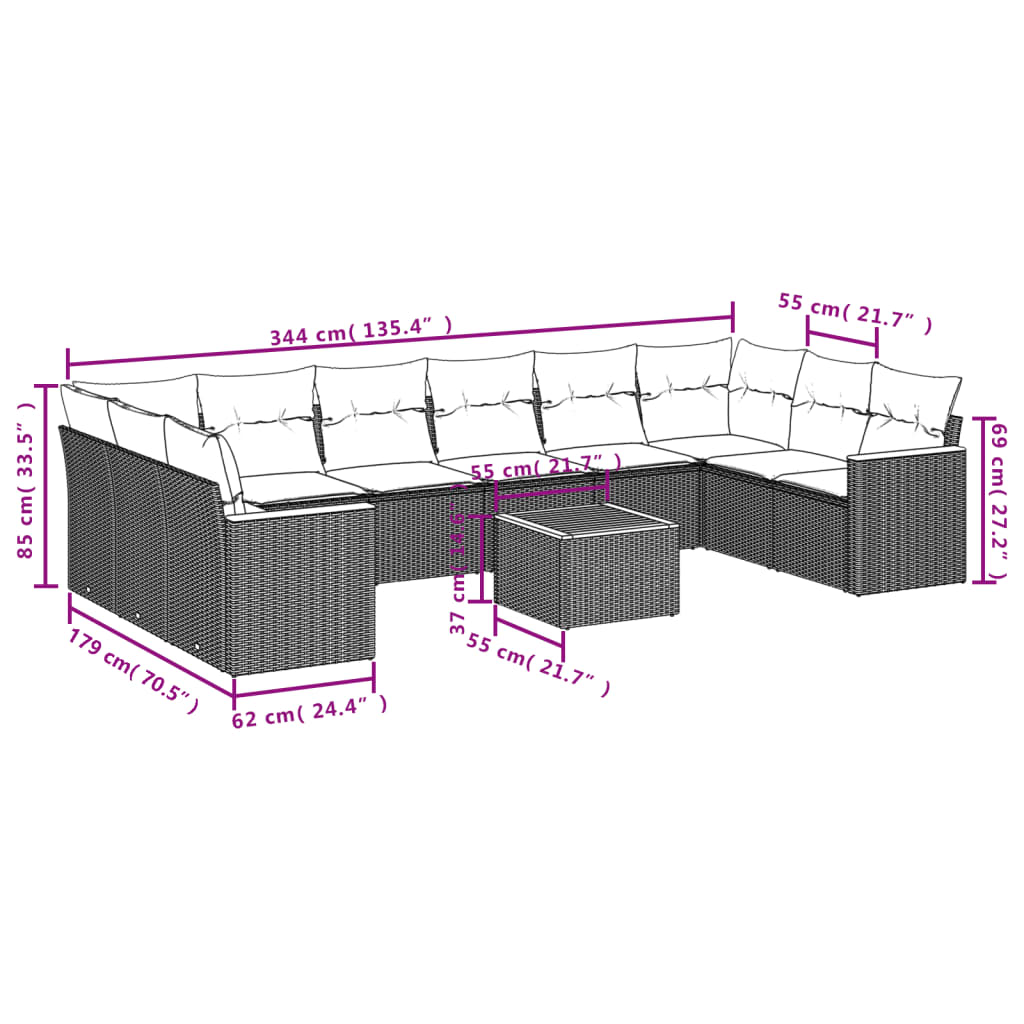 11 pcs conjunto sofás de jardim c/ almofadões vime PE cinzento - Leva - Me - Contigo