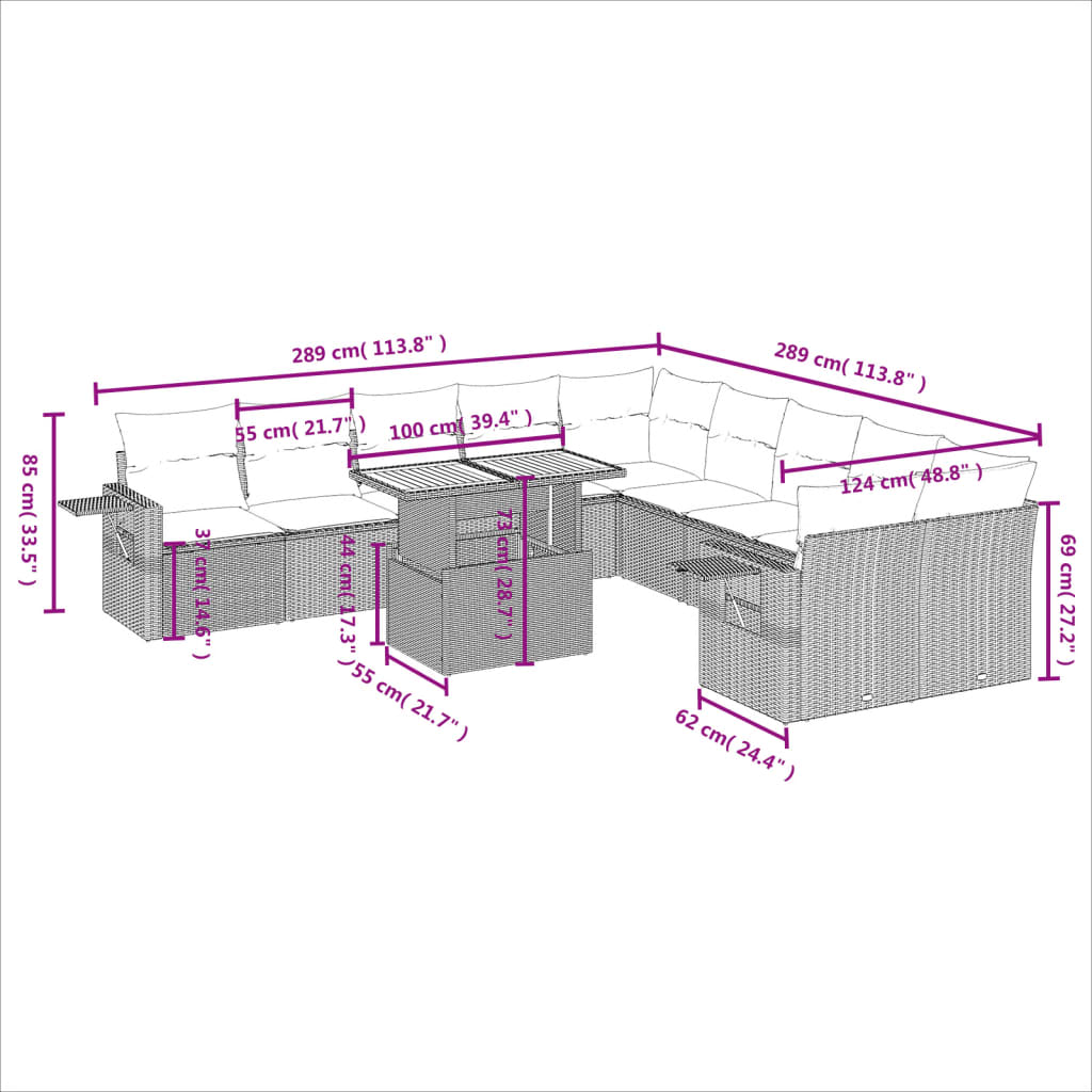 11 pcs conjunto sofás de jardim c/ almofadões vime PE cinzento - Leva - Me - Contigo