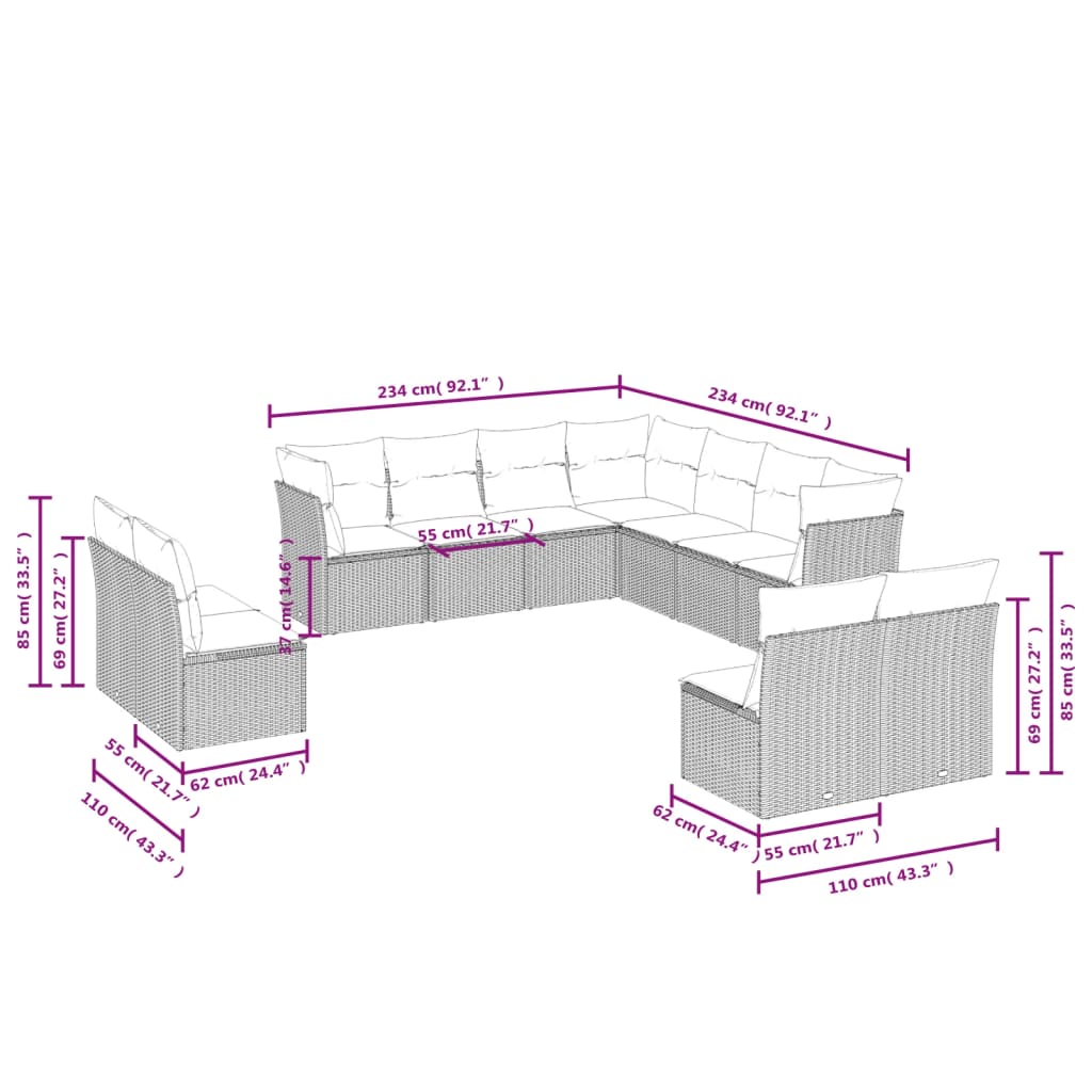 11 pcs conjunto sofás de jardim c/ almofadões vime PE cinzento - Leva - Me - Contigo