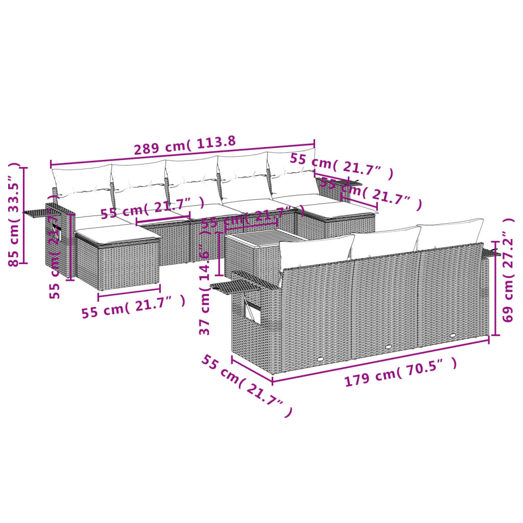 11 pcs conjunto sofás de jardim c/ almofadões vime PE cinzento - Leva - Me - Contigo