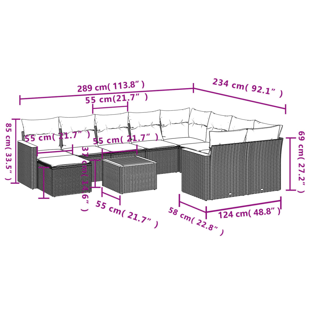 11 pcs conjunto sofás de jardim c/ almofadões vime PE cinzento - Leva - Me - Contigo