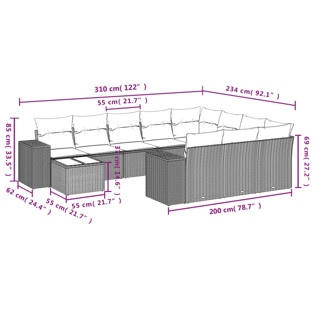 11 pcs conjunto sofás de jardim c/ almofadões vime PE cinzento - Leva - Me - Contigo