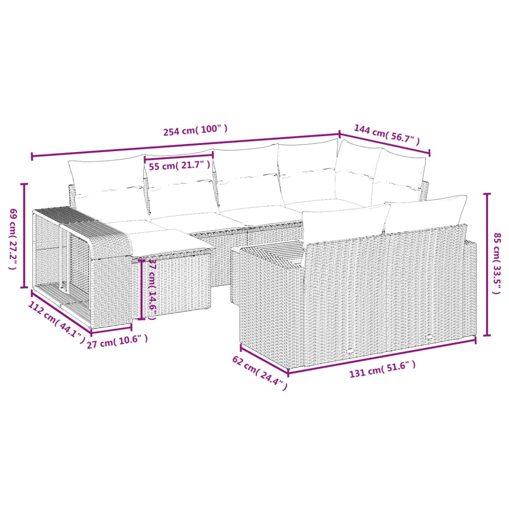 11 pcs conjunto sofás de jardim c/ almofadões vime PE cinzento - Leva - Me - Contigo