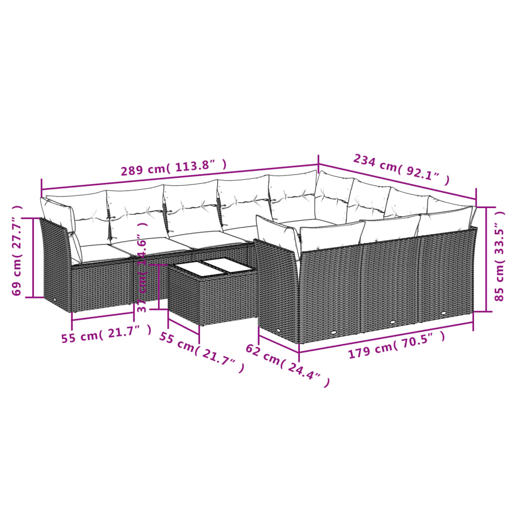 11 pcs conjunto sofás de jardim c/ almofadões vime PE cinzento - Leva - Me - Contigo