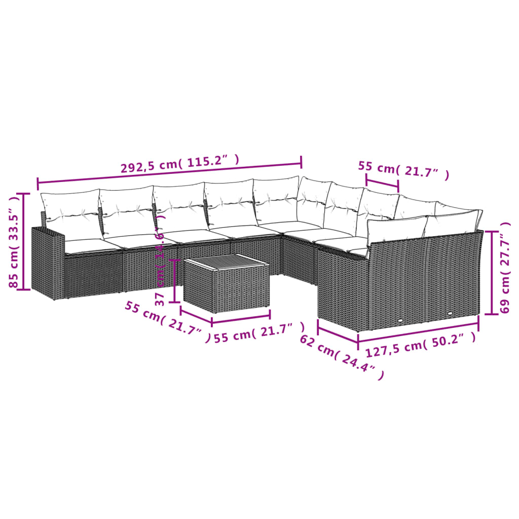 11 pcs conjunto sofás de jardim c/ almofadões vime PE cinzento - Leva - Me - Contigo