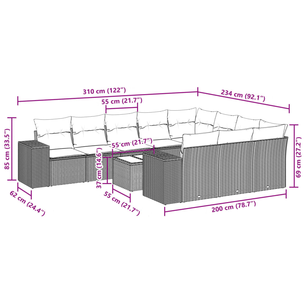 11 pcs conjunto sofás de jardim c/ almofadões vime PE cinzento - Leva - Me - Contigo