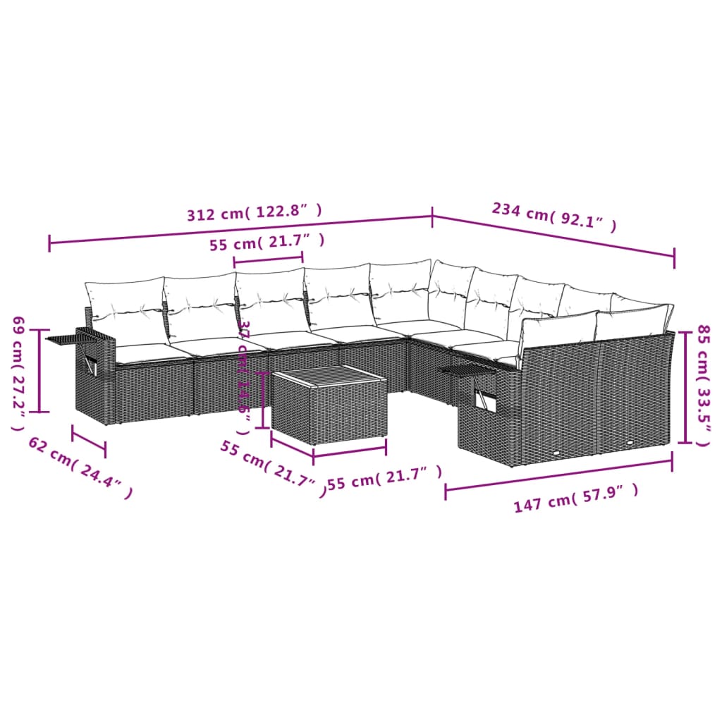 11 pcs conjunto sofás de jardim c/ almofadões vime PE cinzento - Leva - Me - Contigo