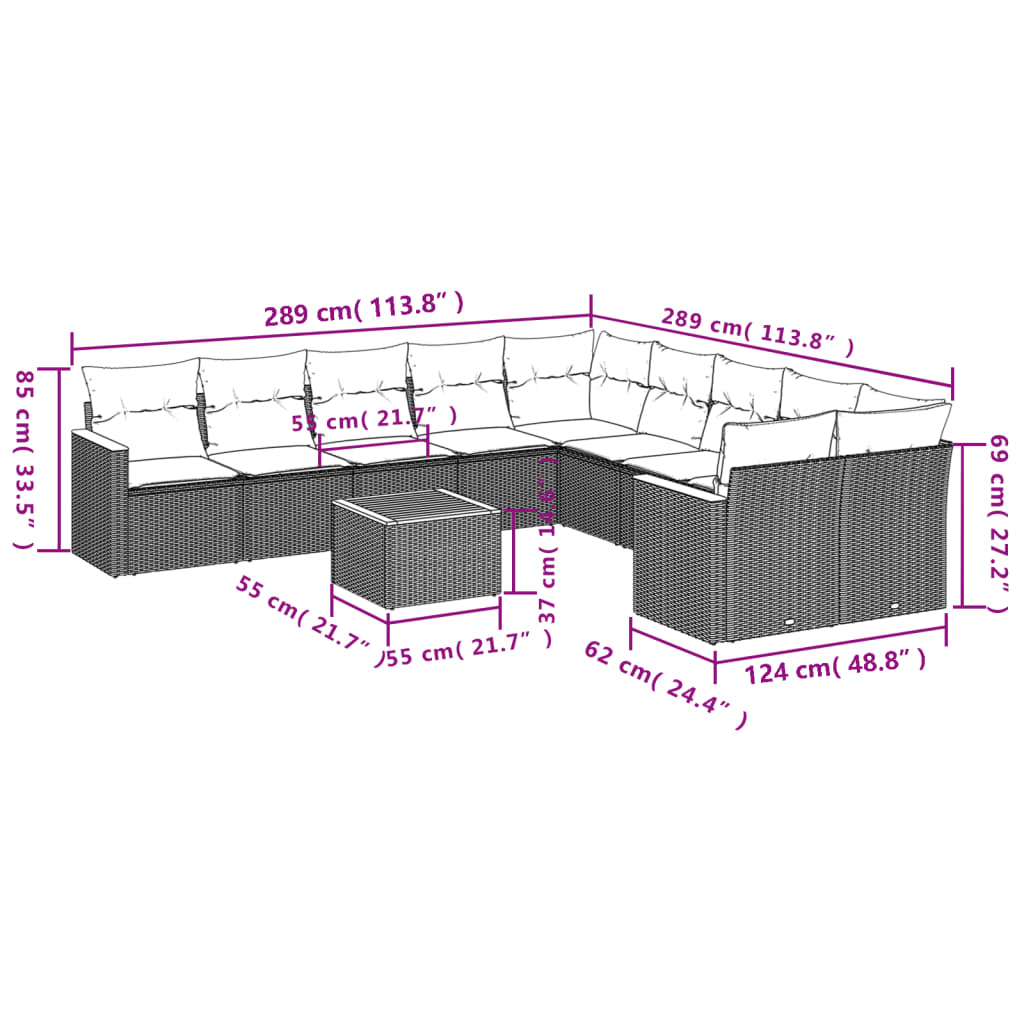 11 pcs conjunto sofás de jardim c/ almofadões vime PE cinzento - Leva - Me - Contigo