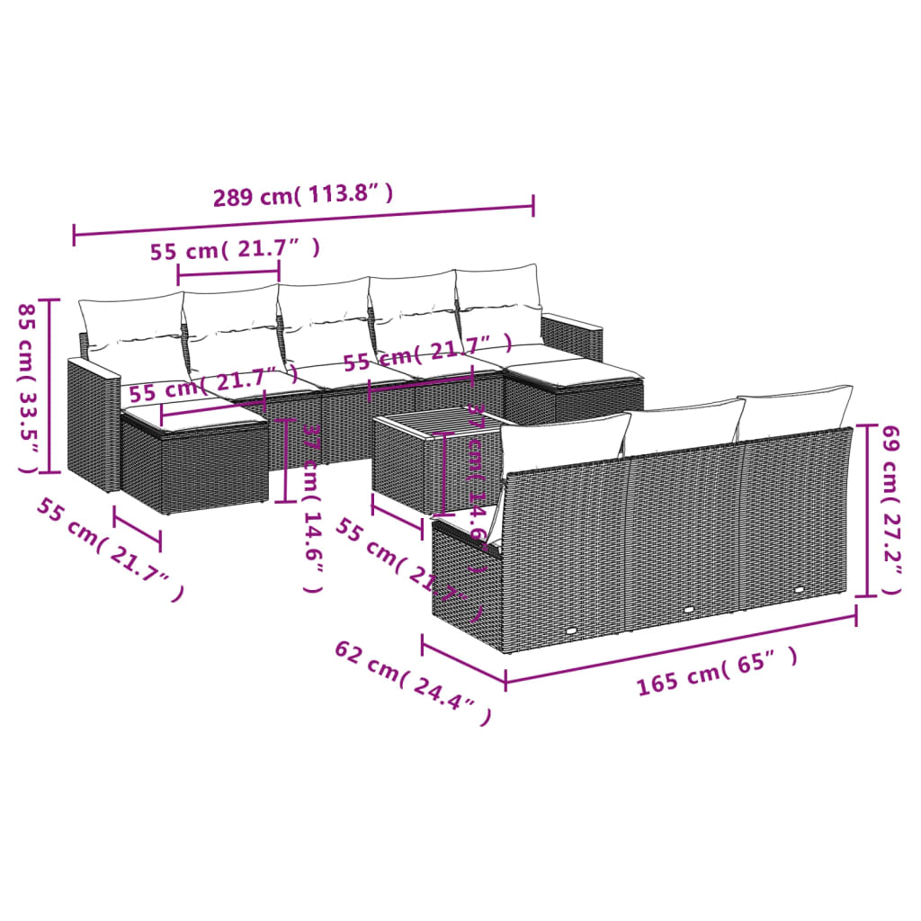 11 pcs conjunto sofás de jardim c/ almofadões vime PE cinzento - Leva - Me - Contigo