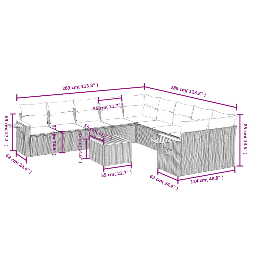 11 pcs conjunto sofás de jardim c/ almofadões vime PE cinzento - Leva - Me - Contigo