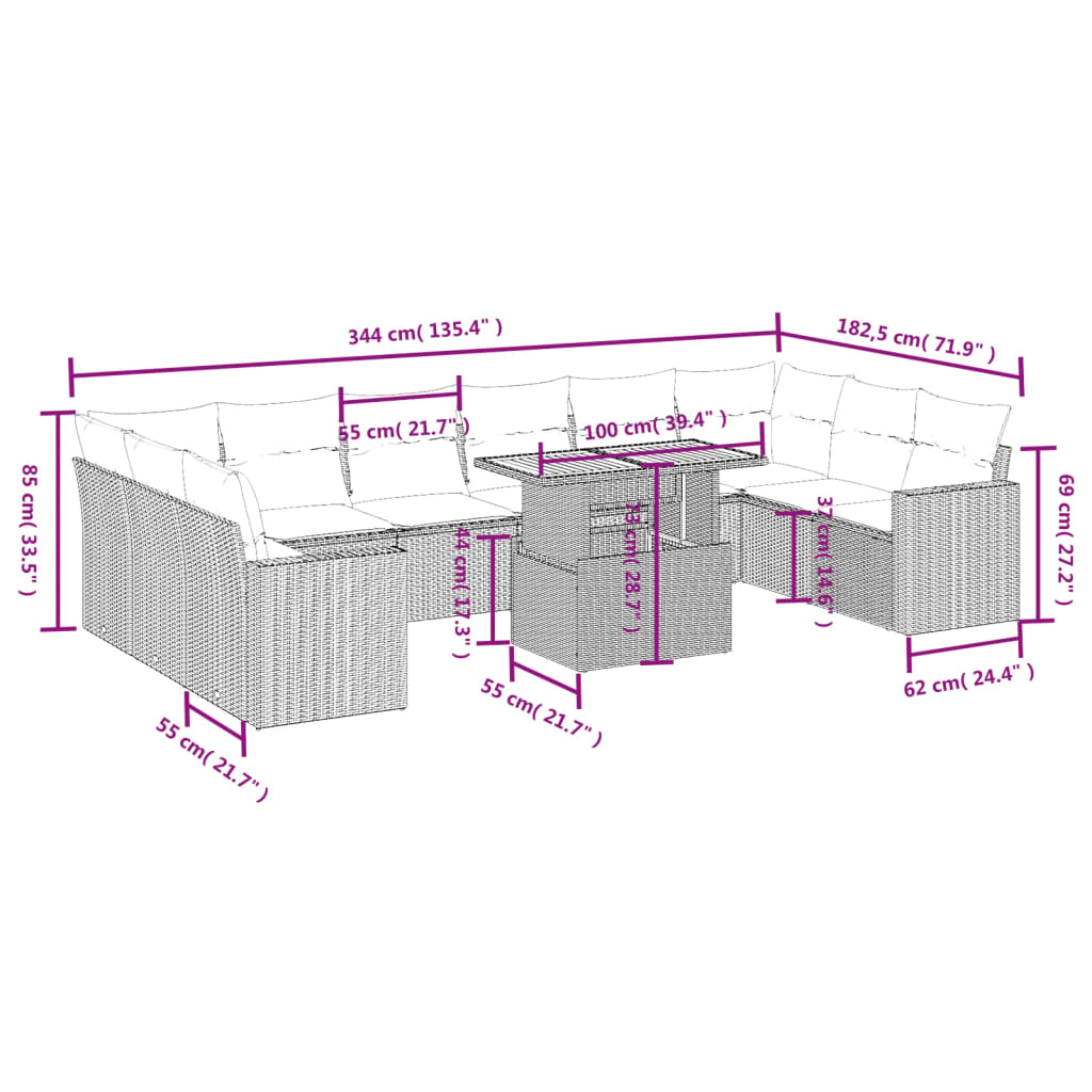 11 pcs conjunto sofás de jardim c/ almofadões vime PE cinzento - Leva - Me - Contigo