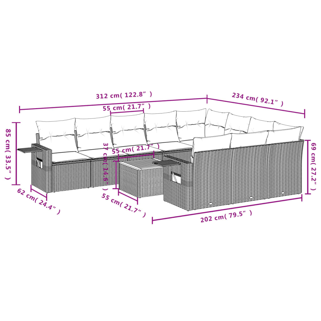 11 pcs conjunto sofás de jardim c/ almofadões vime PE cinzento - Leva - Me - Contigo