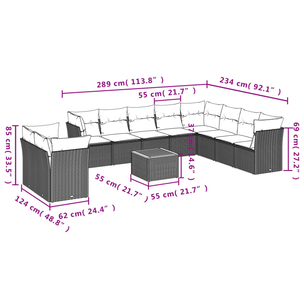 11 pcs conjunto sofás de jardim c/ almofadões vime PE cinzento - Leva - Me - Contigo