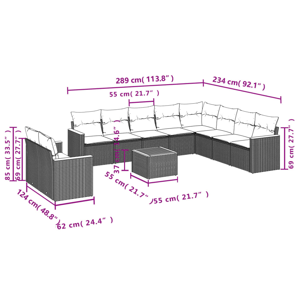 11 pcs conjunto sofás de jardim c/ almofadões vime PE cinzento - Leva - Me - Contigo