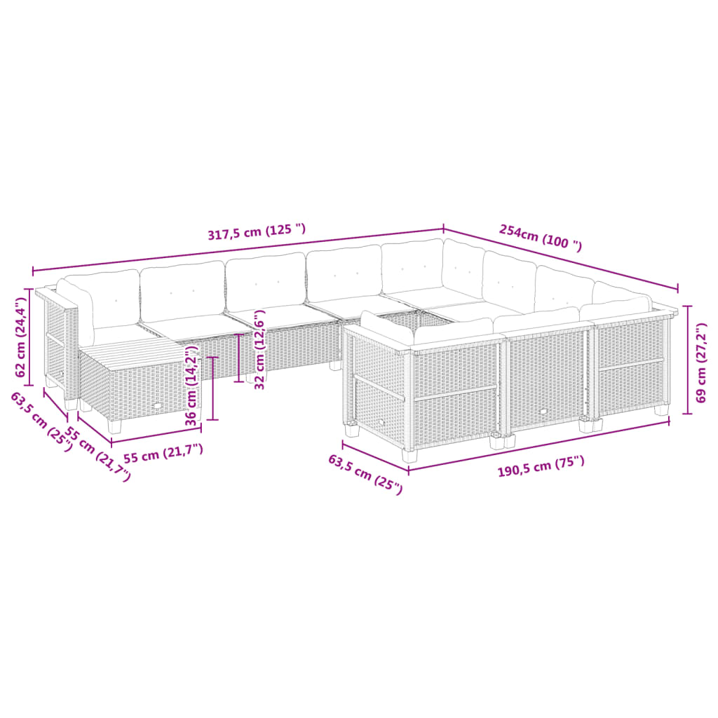 11 pcs conjunto sofás de jardim c/ almofadões vime PE cinzento - Leva - Me - Contigo