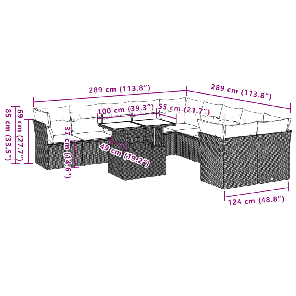 11 pcs conjunto sofás de jardim c/ almofadões vime PE cinzento - Leva - Me - Contigo