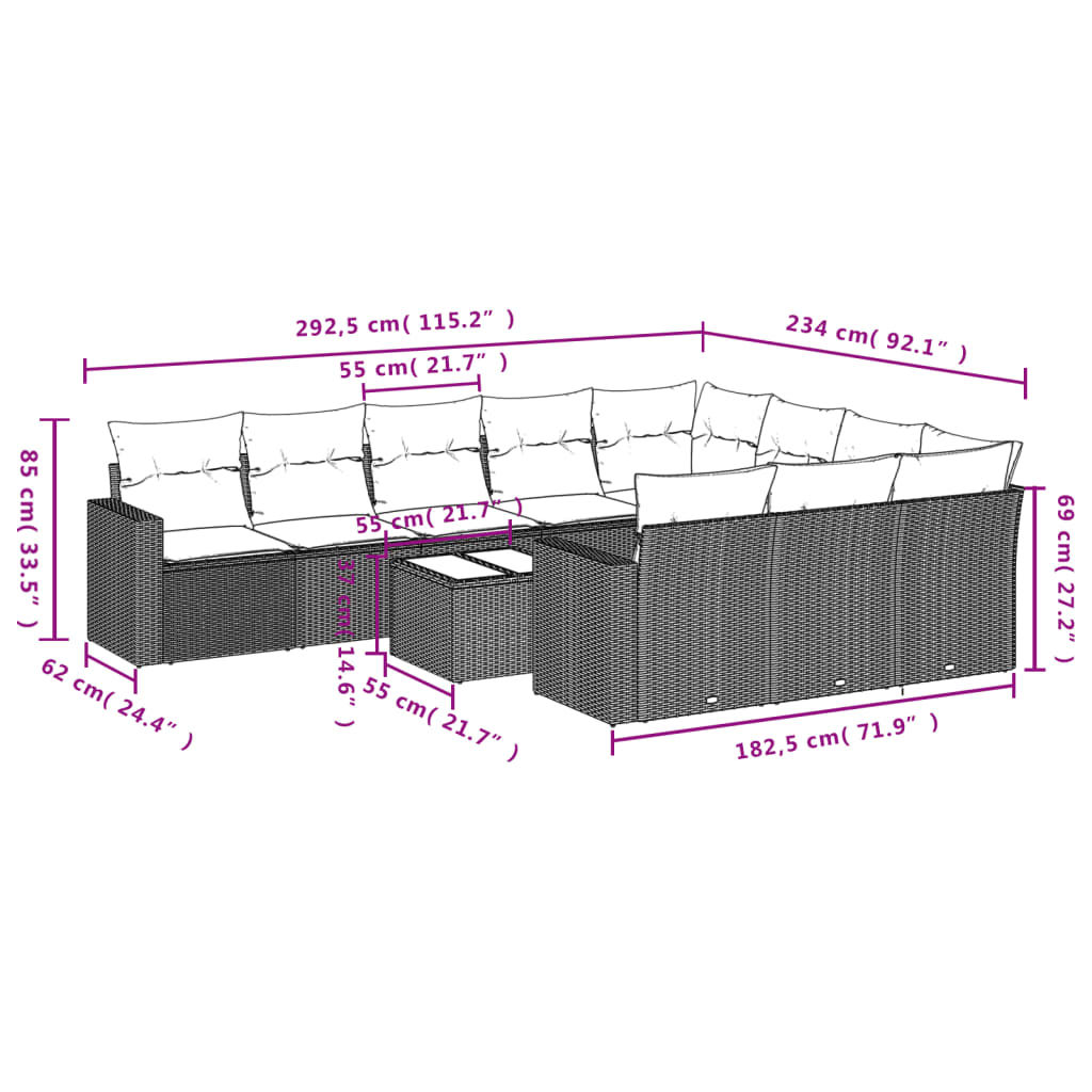 11 pcs conjunto sofás de jardim c/ almofadões vime PE cinzento - Leva - Me - Contigo