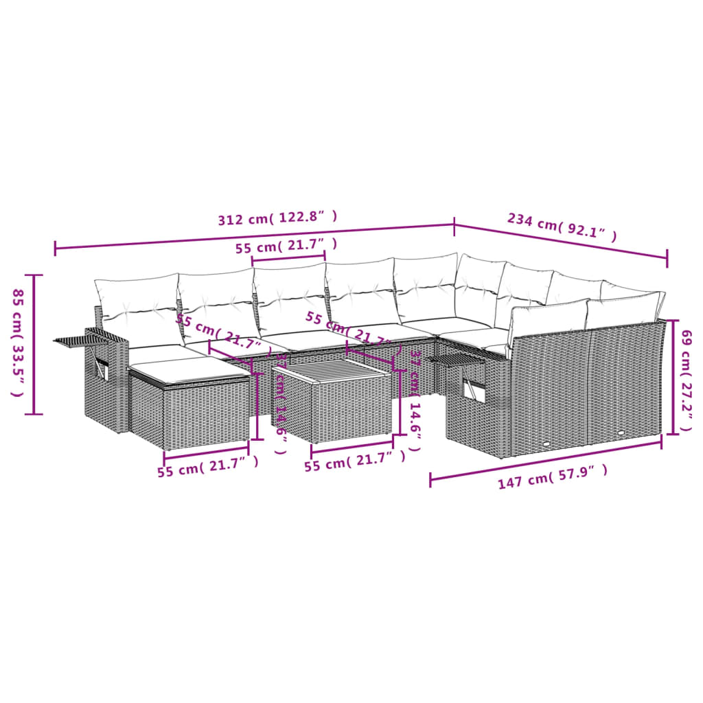 11 pcs conjunto sofás de jardim c/ almofadões vime PE cinzento - Leva - Me - Contigo