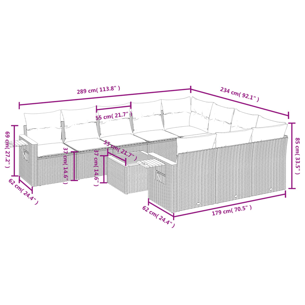 11 pcs conjunto sofás de jardim c/ almofadões vime PE cinzento - Leva - Me - Contigo