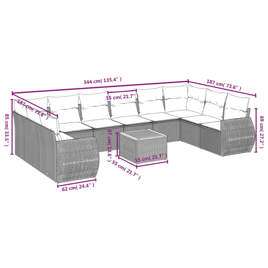 11 pcs conjunto sofás de jardim c/ almofadões vime PE cinzento - Leva - Me - Contigo