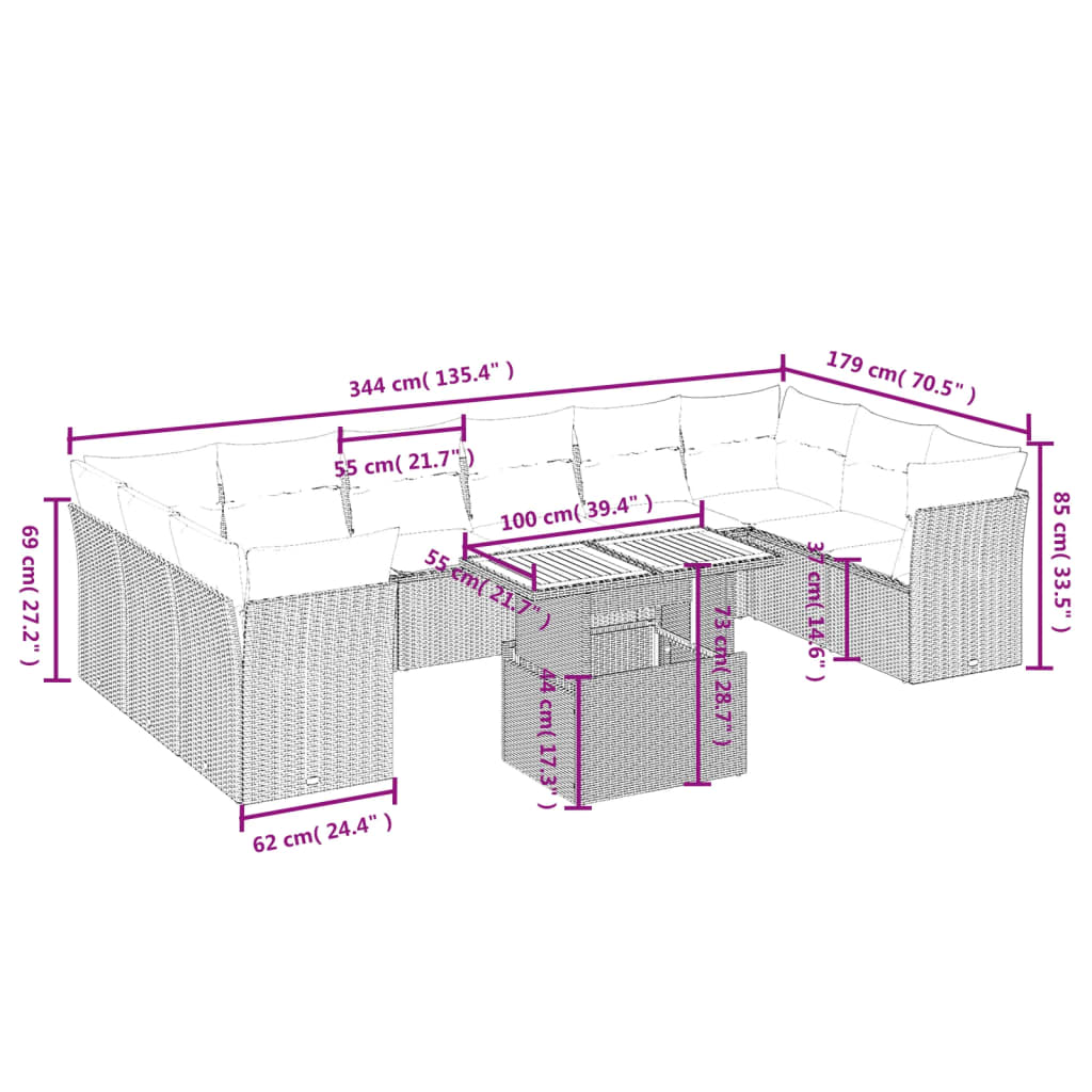 11 pcs conjunto sofás de jardim c/ almofadões vime PE cinzento - Leva - Me - Contigo