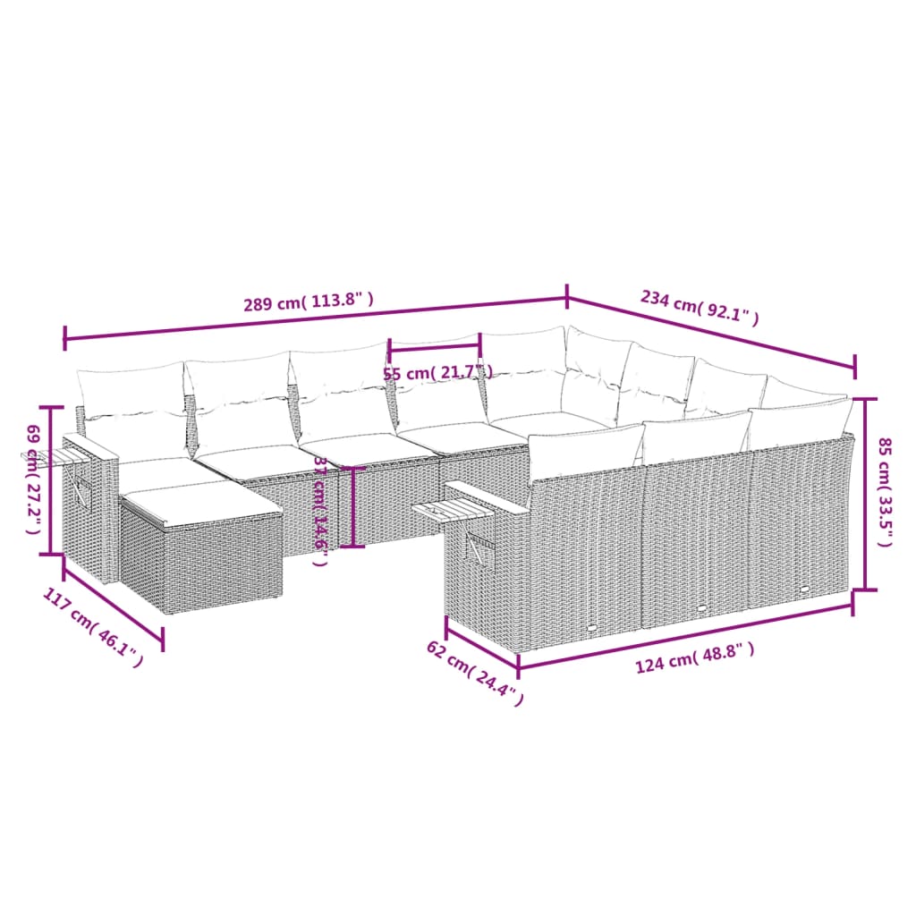 11 pcs conjunto sofás de jardim c/ almofadões vime PE cinzento - Leva - Me - Contigo