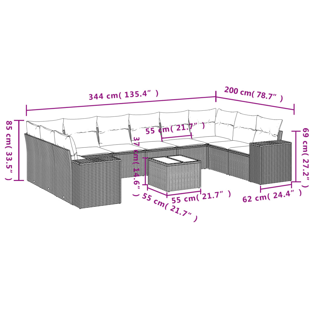 11 pcs conjunto sofás de jardim c/ almofadões vime PE cinzento - Leva - Me - Contigo