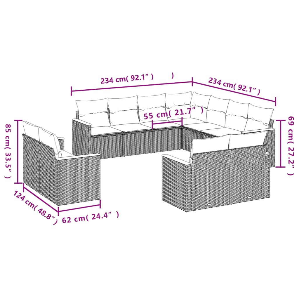 11 pcs conjunto sofás de jardim c/ almofadões vime PE cinzento - Leva - Me - Contigo