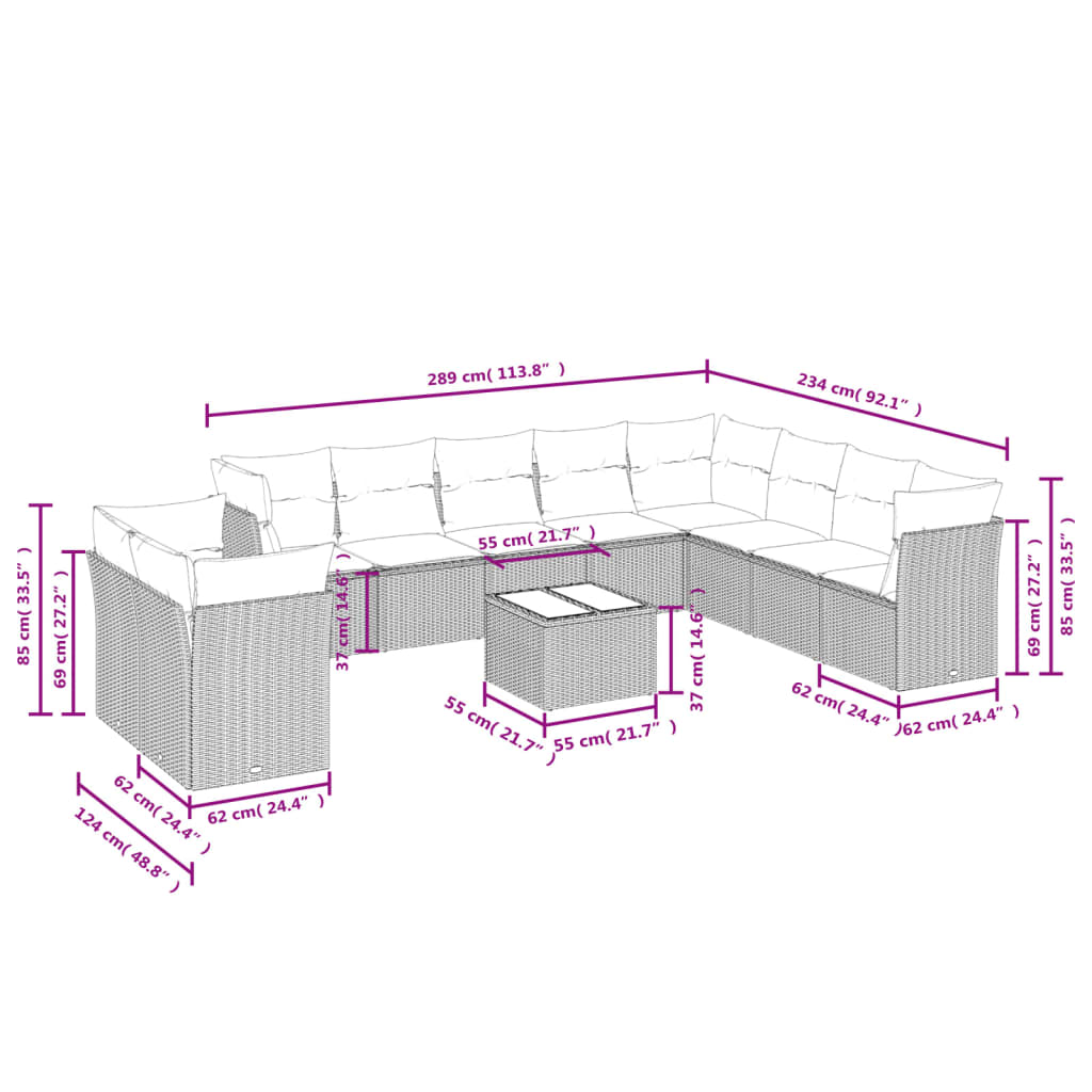 11 pcs conjunto sofás de jardim c/ almofadões vime PE cinzento - Leva - Me - Contigo