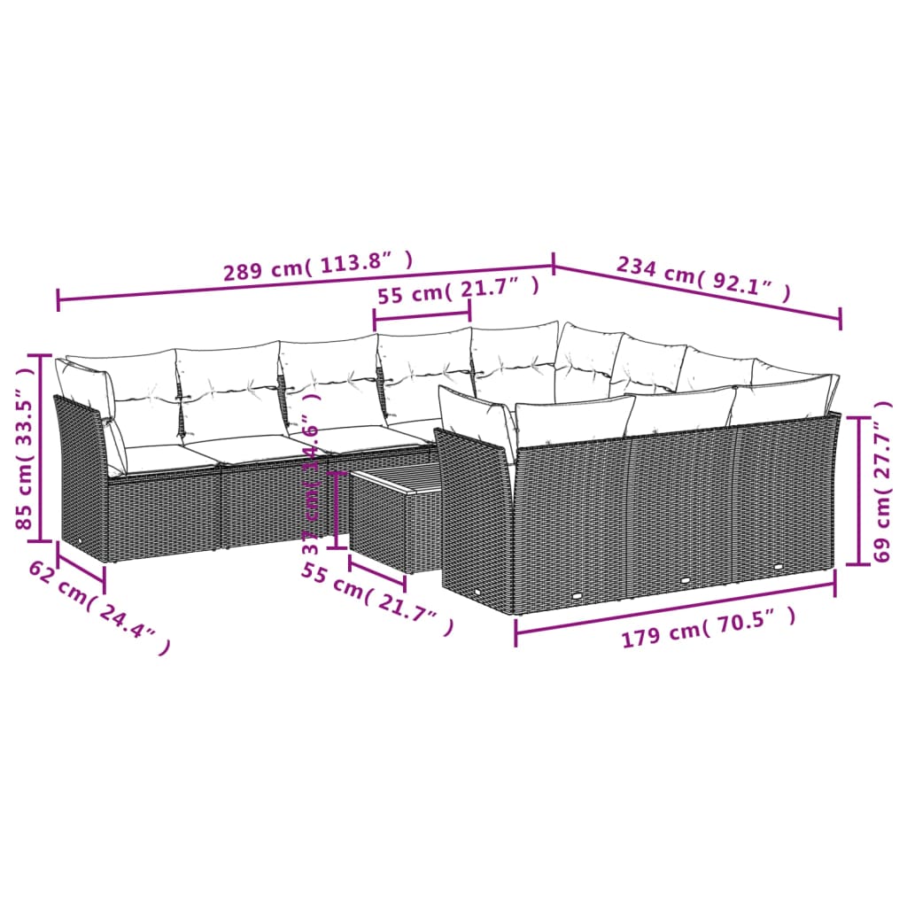 11 pcs conjunto sofás de jardim c/ almofadões vime PE cinzento - Leva - Me - Contigo