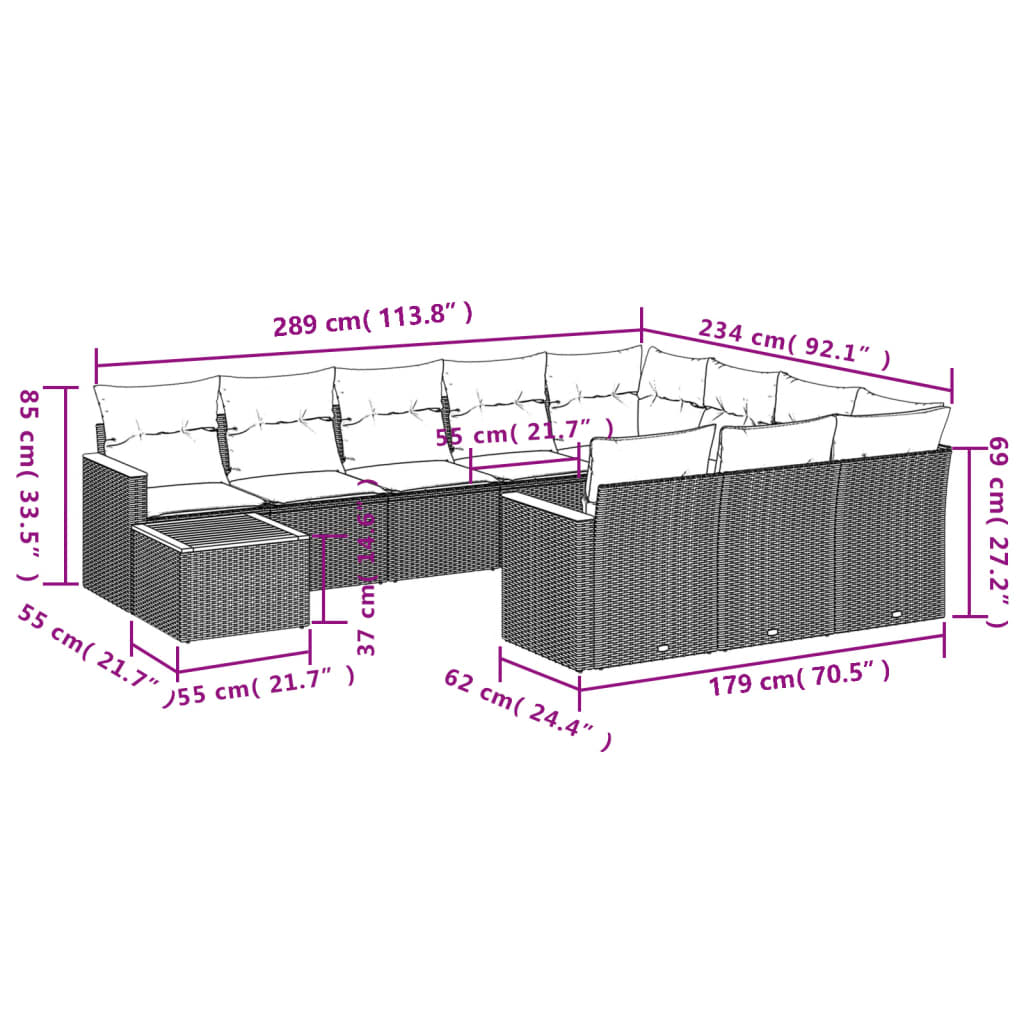 11 pcs conjunto sofás de jardim c/ almofadões vime PE cinzento - Leva - Me - Contigo