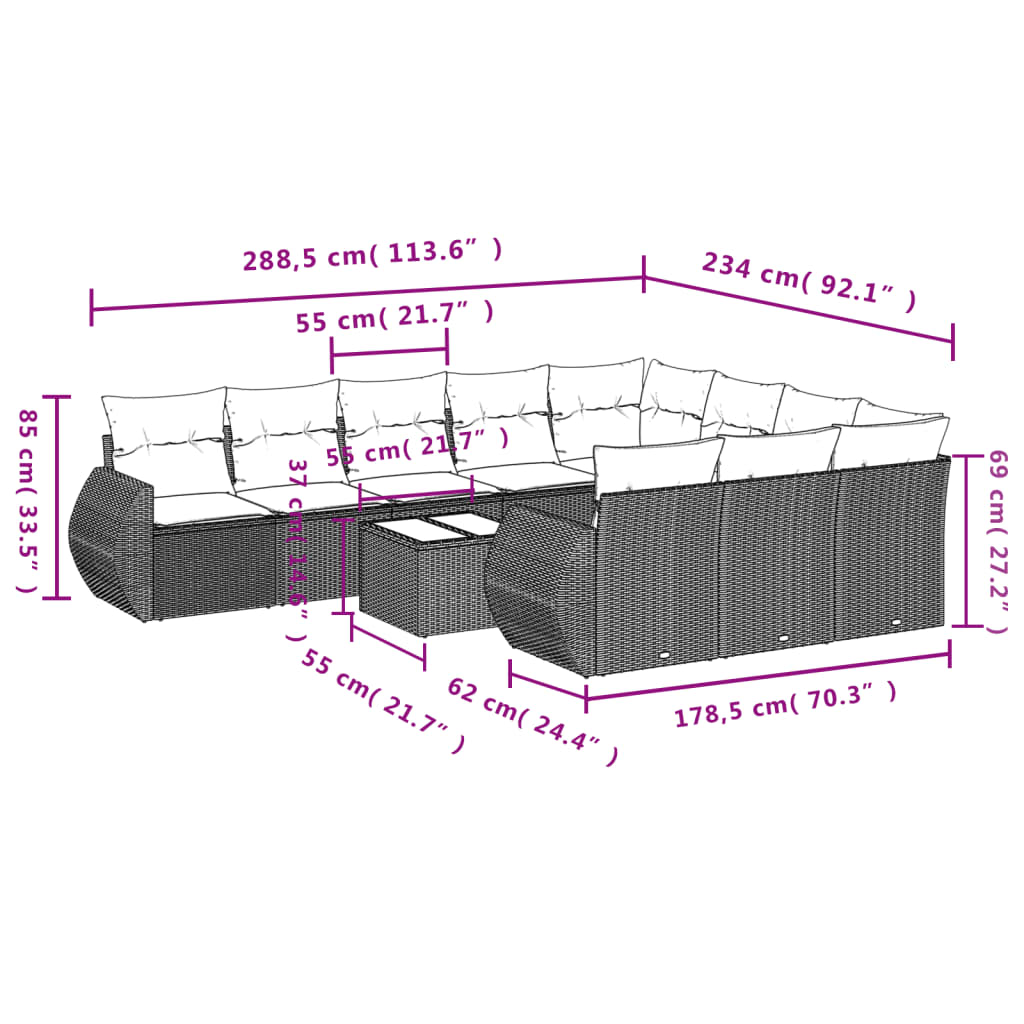 11 pcs conjunto sofás de jardim c/ almofadões vime PE cinzento - Leva - Me - Contigo