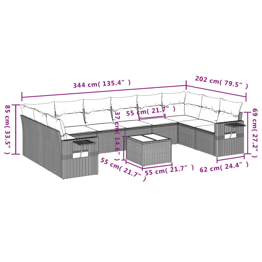 11 pcs conjunto sofás de jardim c/ almofadões vime PE cinzento - Leva - Me - Contigo