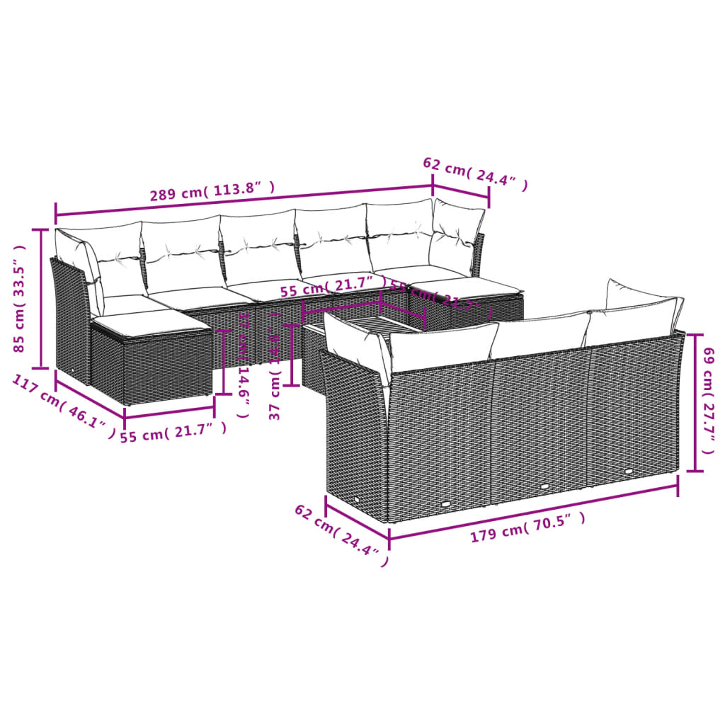 11 pcs conjunto sofás de jardim c/ almofadões vime PE cinzento - Leva - Me - Contigo