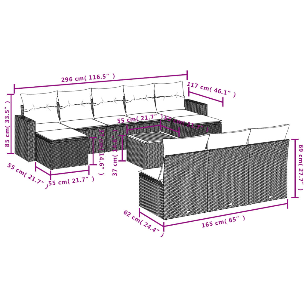 11 pcs conjunto sofás de jardim c/ almofadões vime PE cinzento - Leva - Me - Contigo