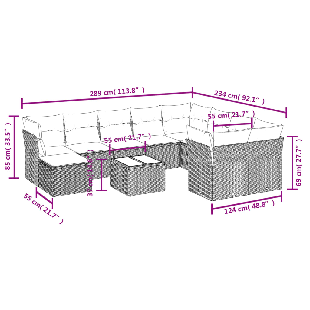 11 pcs conjunto sofás de jardim c/ almofadões vime PE cinzento - Leva - Me - Contigo