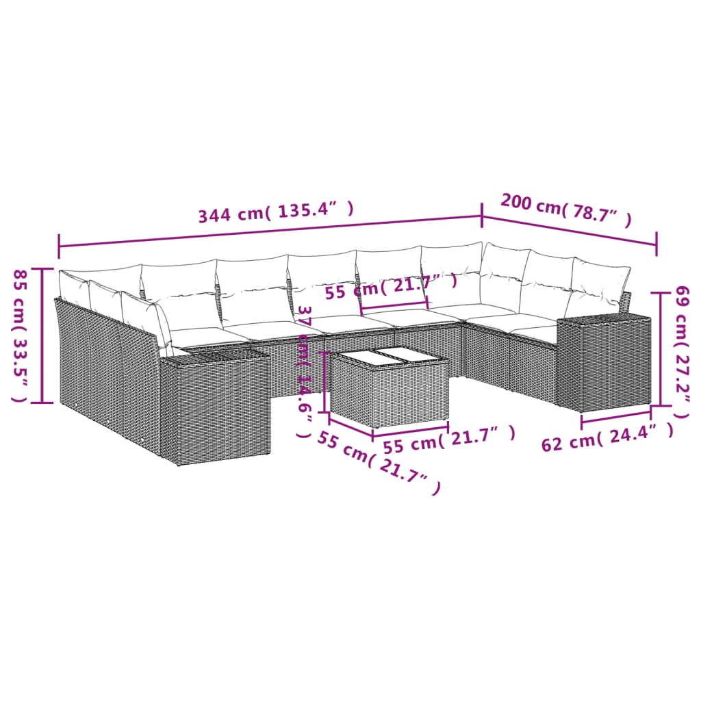 11 pcs conjunto sofás de jardim c/ almofadões vime PE cinzento - Leva - Me - Contigo