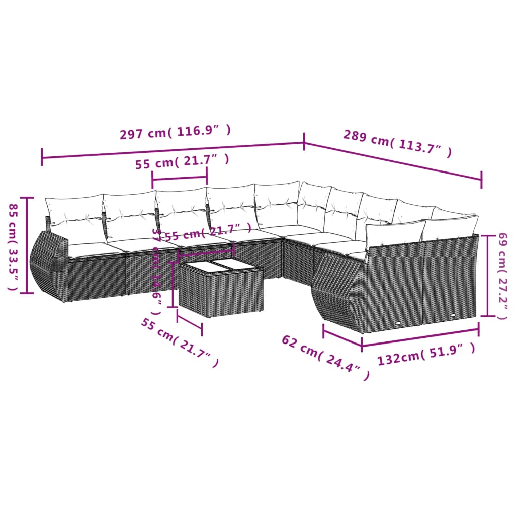 11 pcs conjunto sofás de jardim c/ almofadões vime PE cinzento - Leva - Me - Contigo