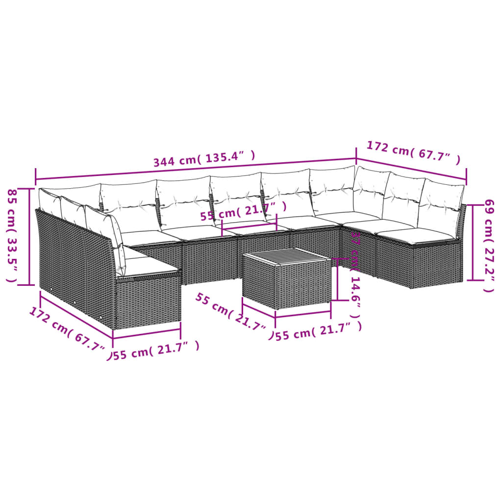 11 pcs conjunto sofás de jardim c/ almofadões vime PE cinzento - Leva - Me - Contigo