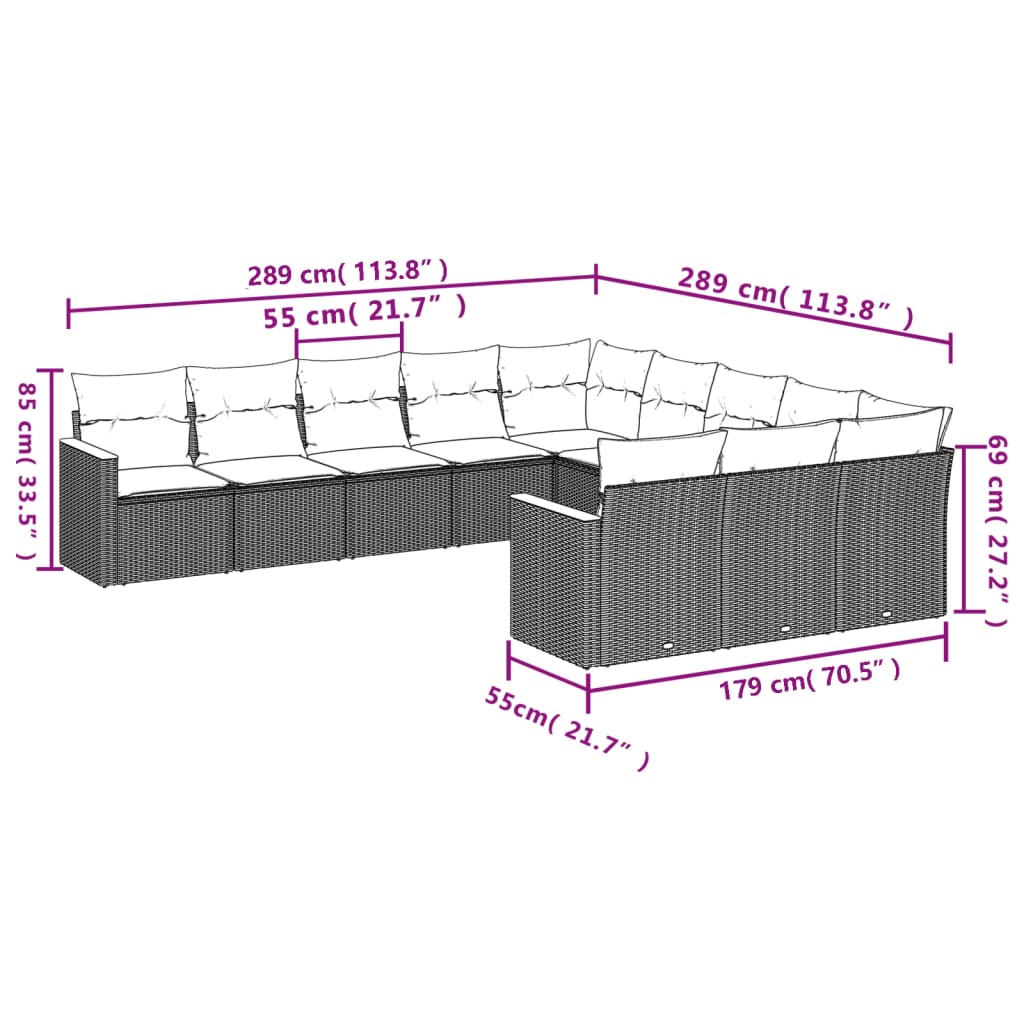 11 pcs conjunto sofás de jardim c/ almofadões vime PE cinzento - Leva - Me - Contigo