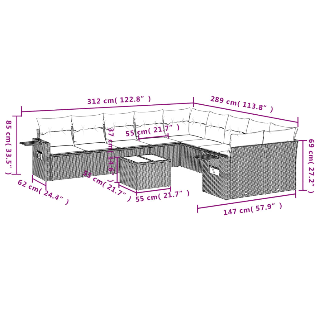 11 pcs conjunto sofás de jardim c/ almofadões vime PE cinzento - Leva - Me - Contigo