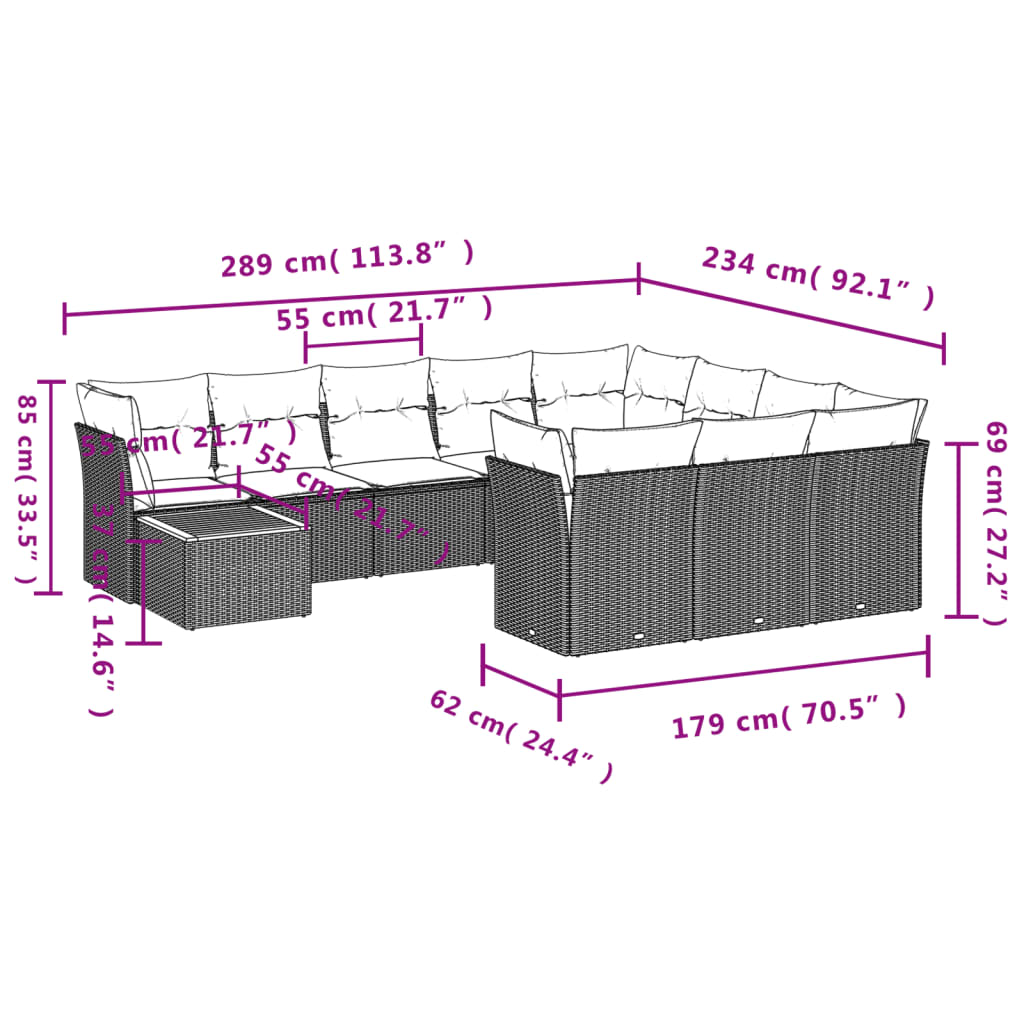 11 pcs conjunto sofás de jardim c/ almofadões vime PE cinzento - Leva - Me - Contigo