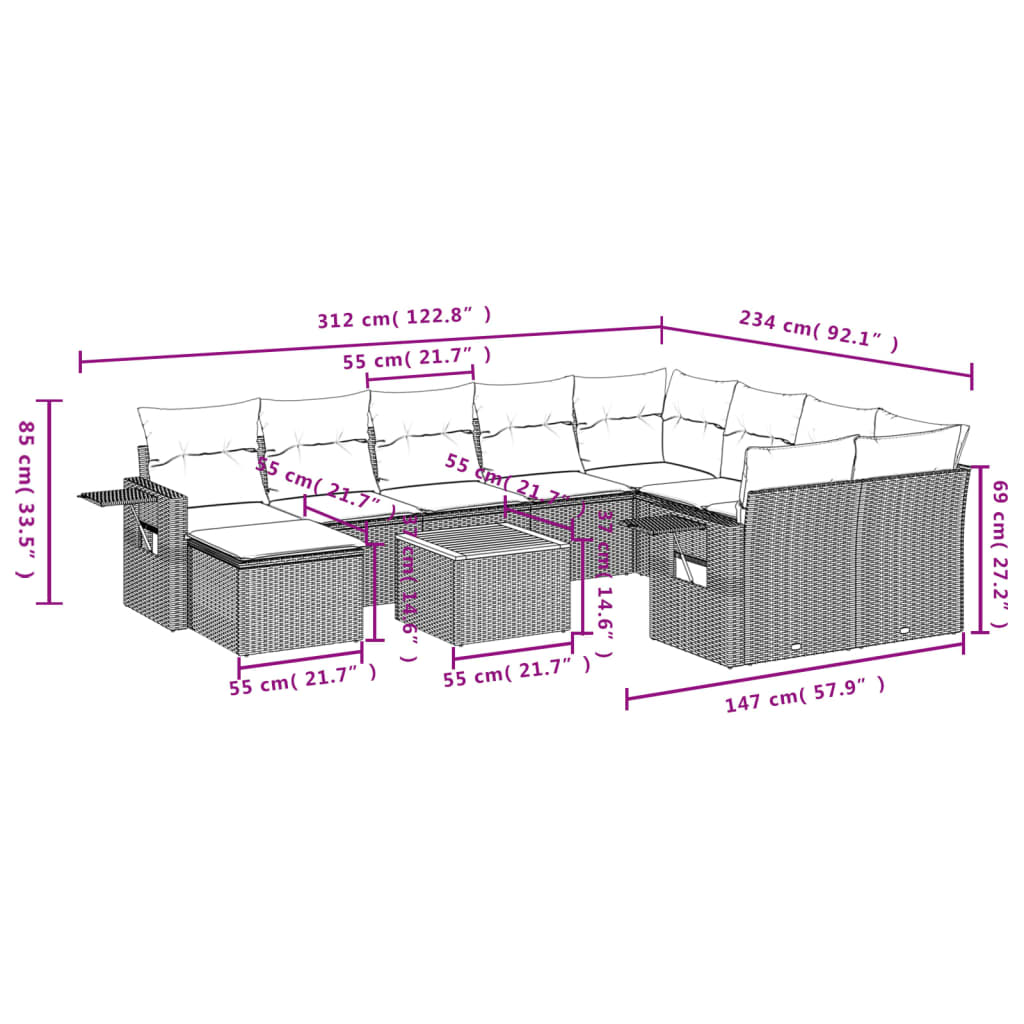 11 pcs conjunto sofás de jardim c/ almofadões vime PE cinzento - Leva - Me - Contigo