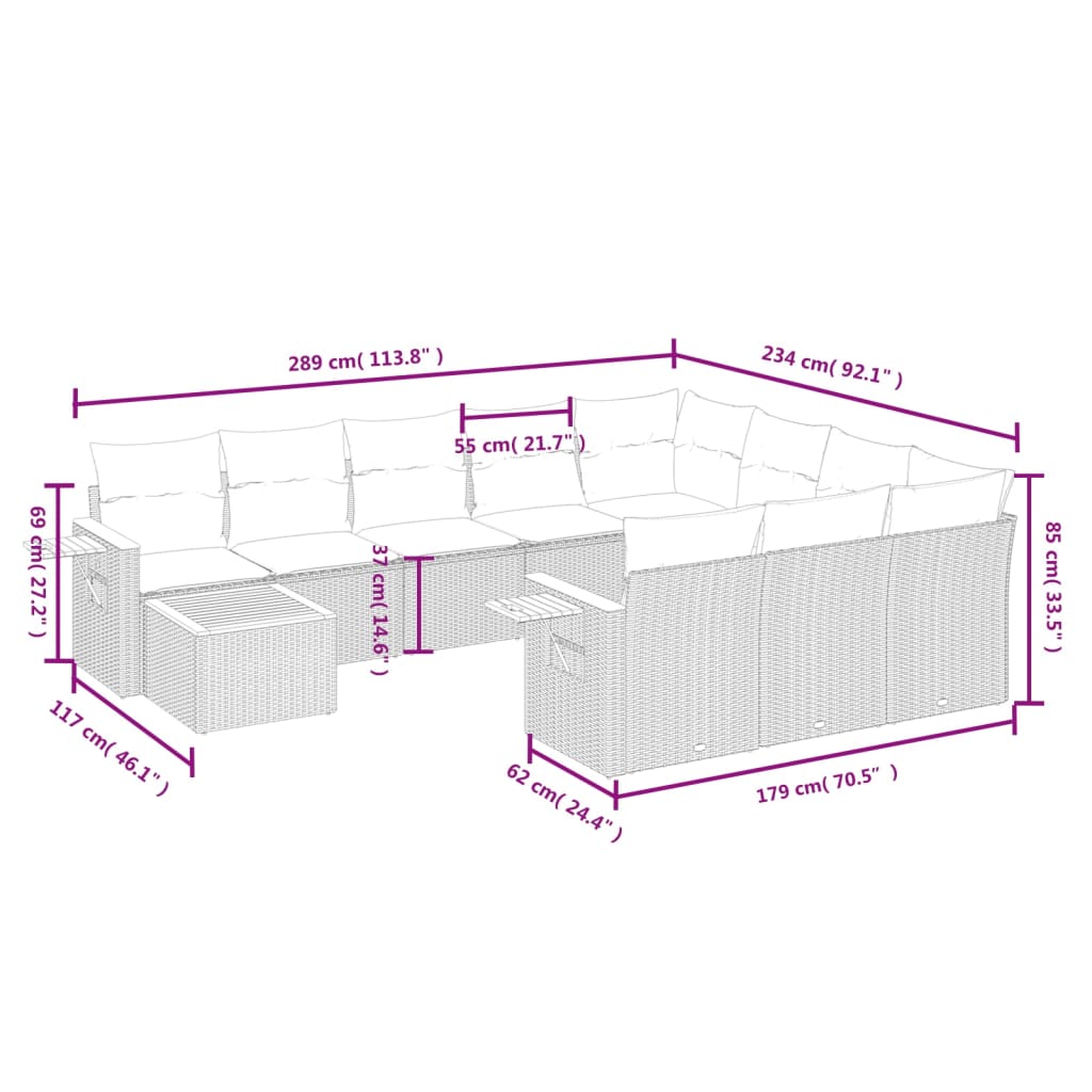 11 pcs conjunto sofás de jardim c/ almofadões vime PE cinzento - Leva - Me - Contigo